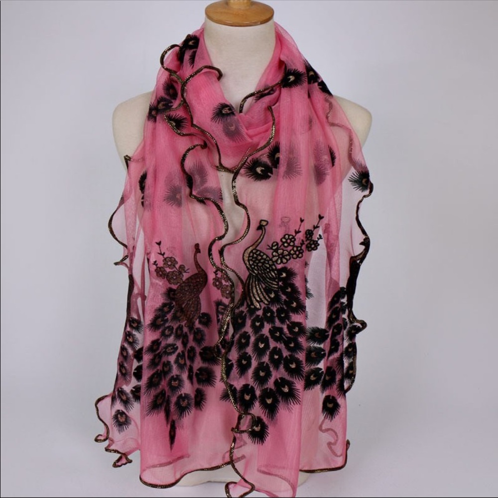 ☀️Parisian-style Gold-trim PINK Peacock Scarf🦚 - Picture 4 of 8